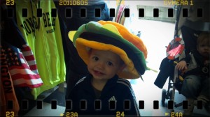 Goober's wearing a cheeseburger hat in the hat shop
