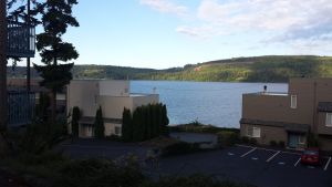 View from our car that is parked at the base of the stairs to our unit.